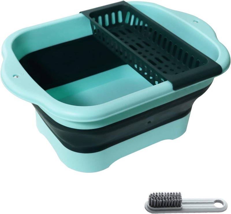ZINSO 2.77 Gallon (10.5L) Collapsible Dish Basin with Drain Plug, Green Camping Dish Basin for RV, Space-Saving Foldable Wash Tub, BPA-Free Portable Sink for Vegetables and Dishes- with Brush - Image 1